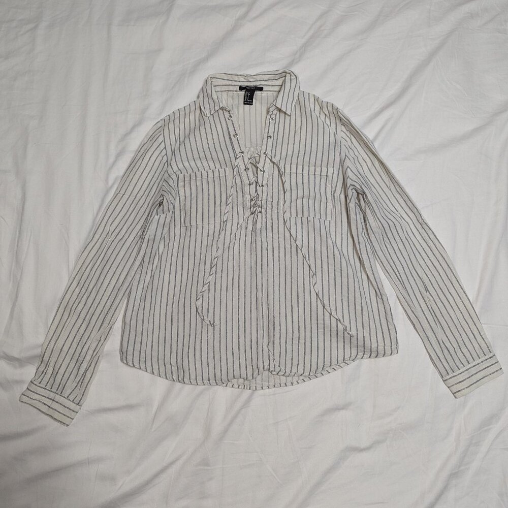 ✨ Forever 21 Striped Button-Up Dress - Size S, White & Grey ✨